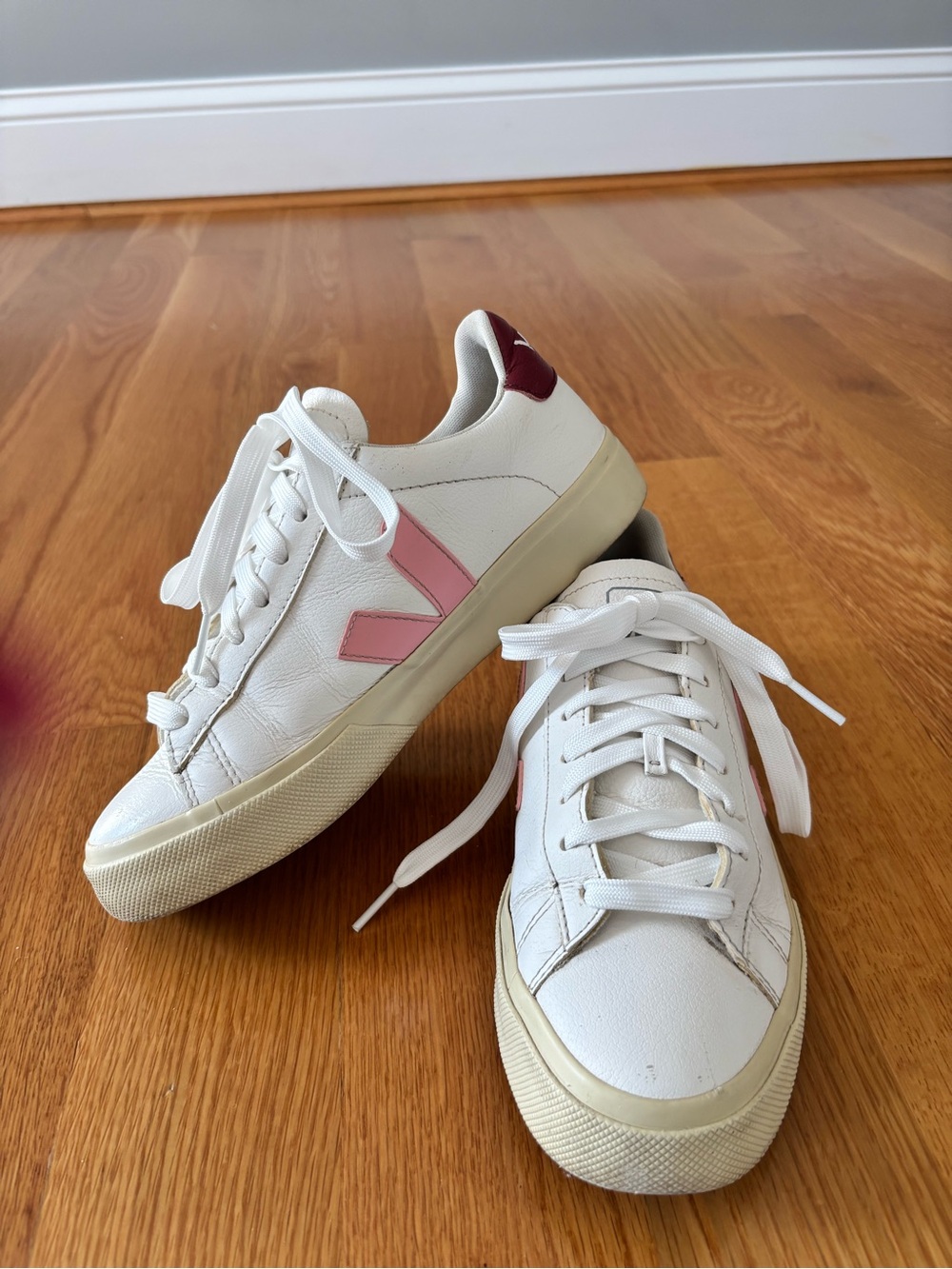 Veja—Women’s White Sneakers with Pink Accent - Casual Leather Trainers Size 6